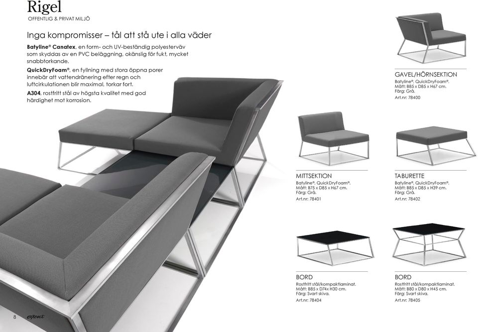 A304, rostfritt stål av högsta kvalitet med god härdighet mot korrosion. GAVEL/ HÖRNSEKTION Batyline, QuickDryFoam. Mått: B85 x D85 x H67 cm. Färg: Grå. Art.