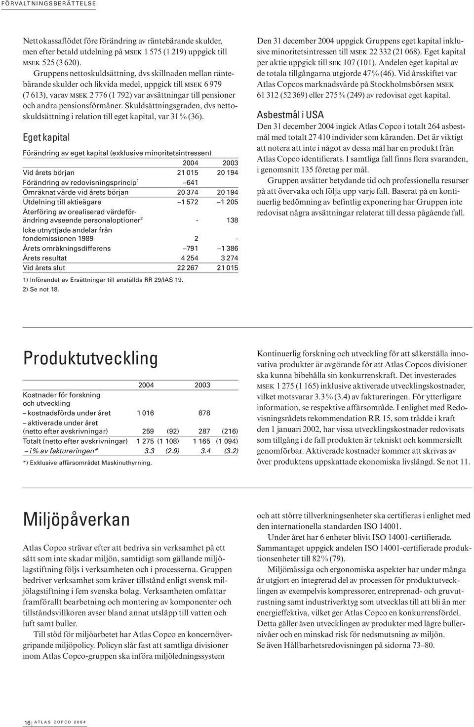 pensionsförmåner. Skuldsättningsgraden, dvs nettoskuldsättning i relation till eget kapital, var 31 % (36).