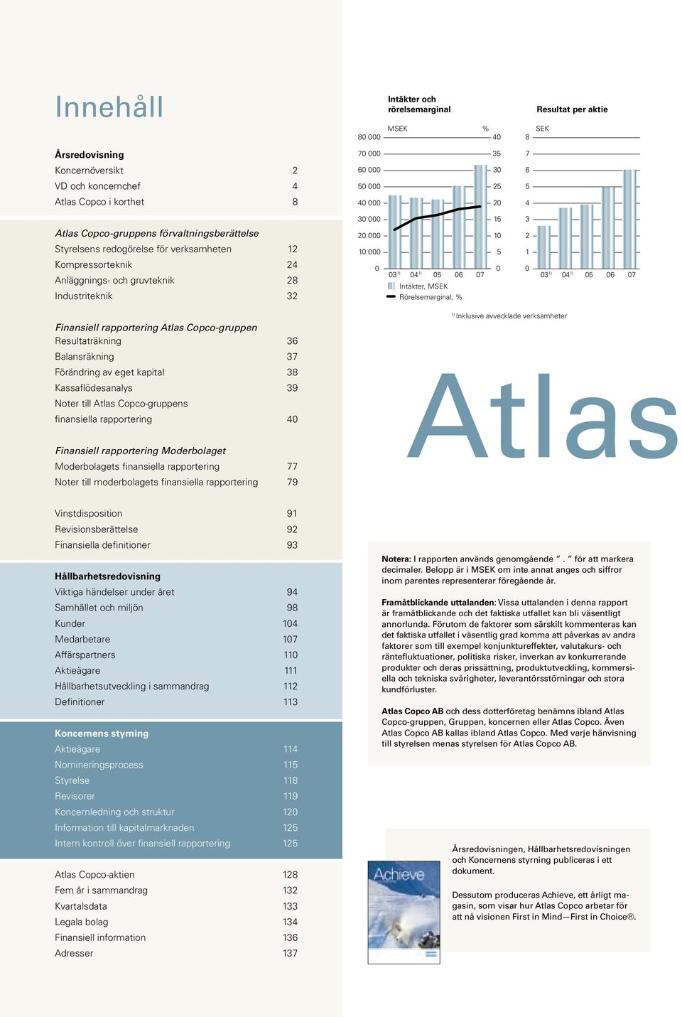 0 0 03 1) 04 1) 05 06 07 Intäkter, MSEK Rörelsemarginal, % 0 03 1) 04 1) 05 06 07 1) Inklusive avvecklade verksamheter Finansiell rapportering Atlas Copco-gruppen Resultaträkning 36 Balansräkning 37