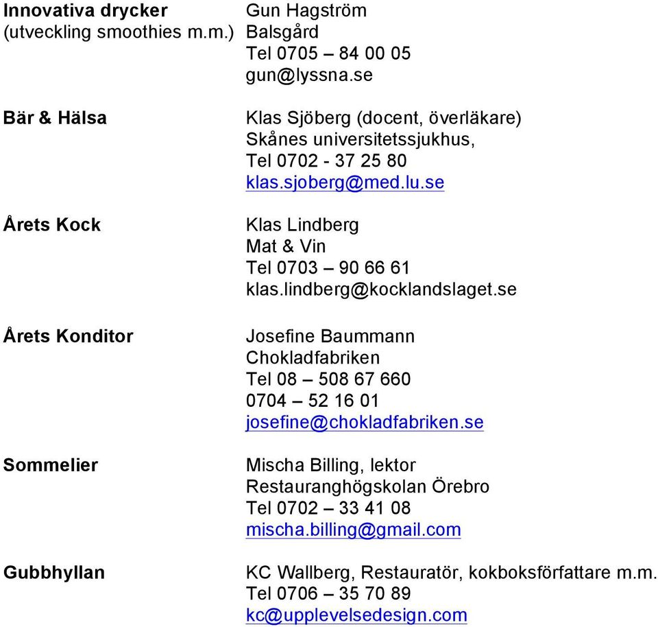 sjoberg@med.lu.se Klas Lindberg Mat & Vin Tel 0703 90 66 61 klas.lindberg@kocklandslaget.