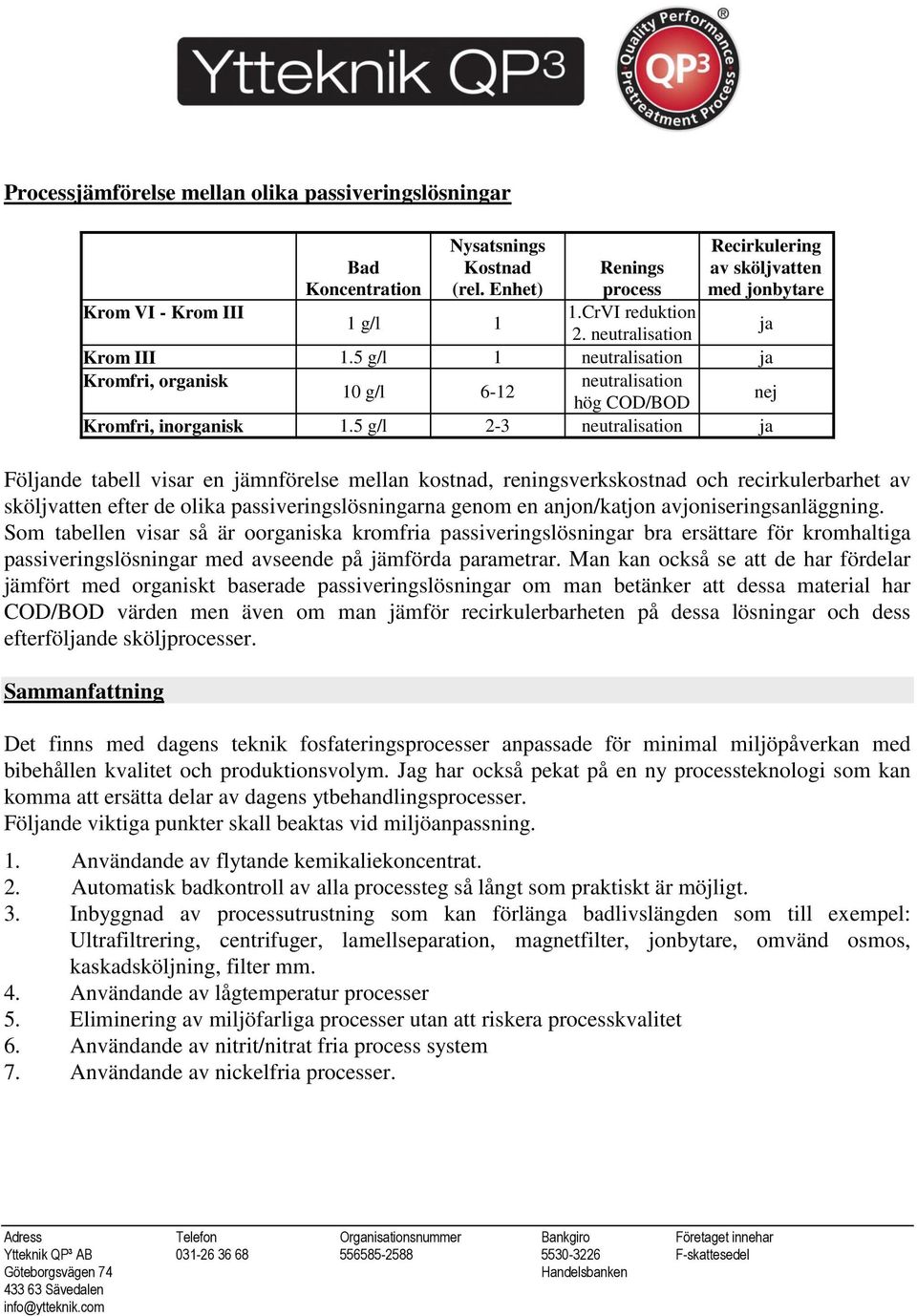 5 g/l 2-3 neutralisation ja Följande tabell visar en jämnförelse mellan kostnad, reningsverkskostnad och recirkulerbarhet av sköljvatten efter de olika passiveringslösningarna genom en anjon/katjon