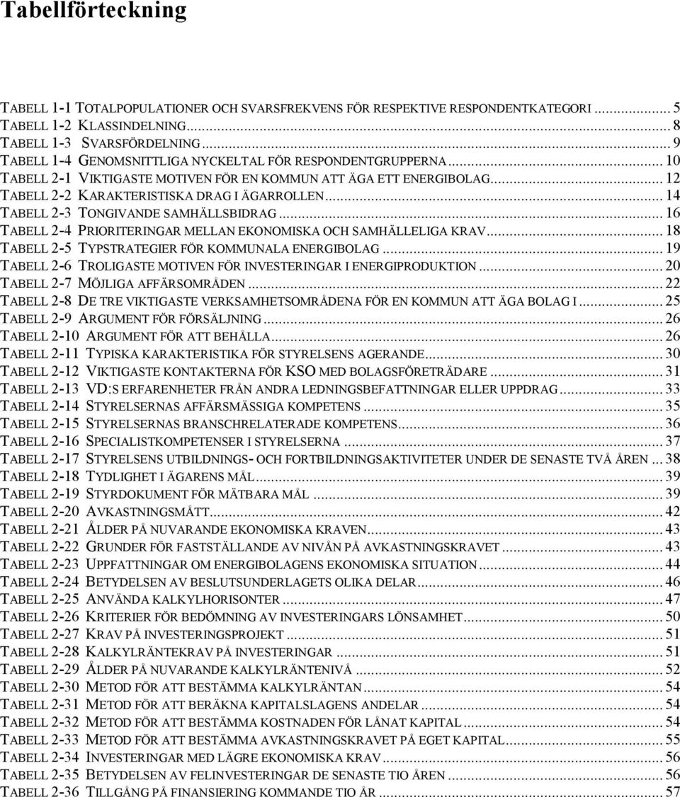 .. 14 TABELL 2-3 TONGIVANDE SAMHÄLLSBIDRAG... 16 TABELL 2-4 PRIORITERINGAR MELLAN EKONOMISKA OCH SAMHÄLLELIGA KRAV... 18 TABELL 2-5 TYPSTRATEGIER FÖR KOMMUNALA ENERGIBOLAG.