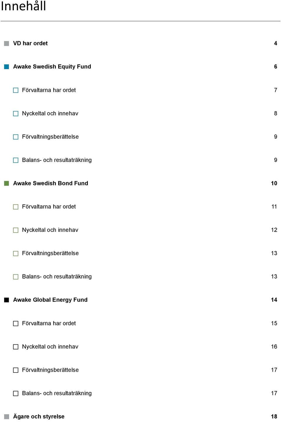 Nyckeltal och innehav 12 Förvaltningsberättelse 13 Balans- och resultaträkning 13 Awake Global Energy Fund 14