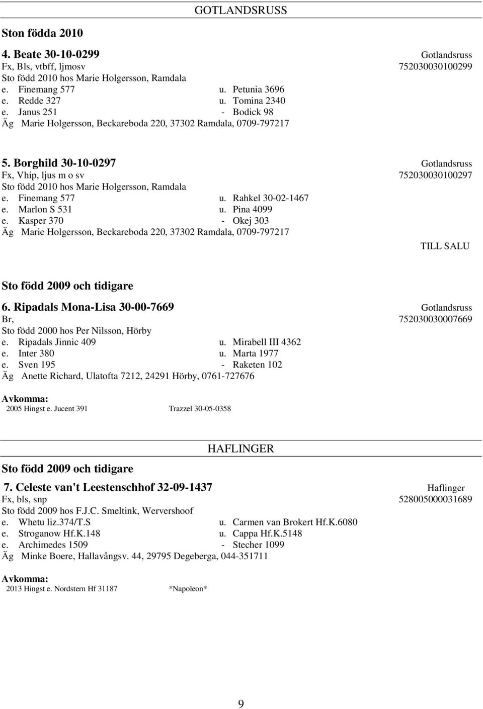 Borghild 30-10-0297 Gotlandsruss Fx, Vhip, ljus m o sv 752030030100297 Sto född 2010 hos Marie Holgersson, Ramdala e. Finemang 577 u. Rahkel 30-02-1467 e. Marlon S 531 u. Pina 4099 e.