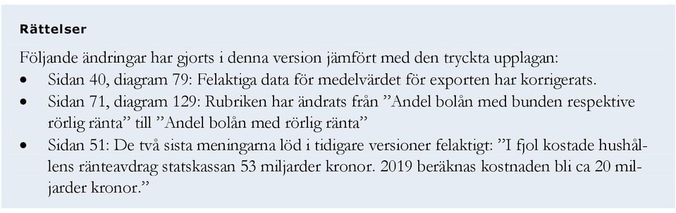 Sidan 7, diagram 9: Rubriken har ändrats från Andel bolån med bunden respektive rörlig ränta till Andel bolån med