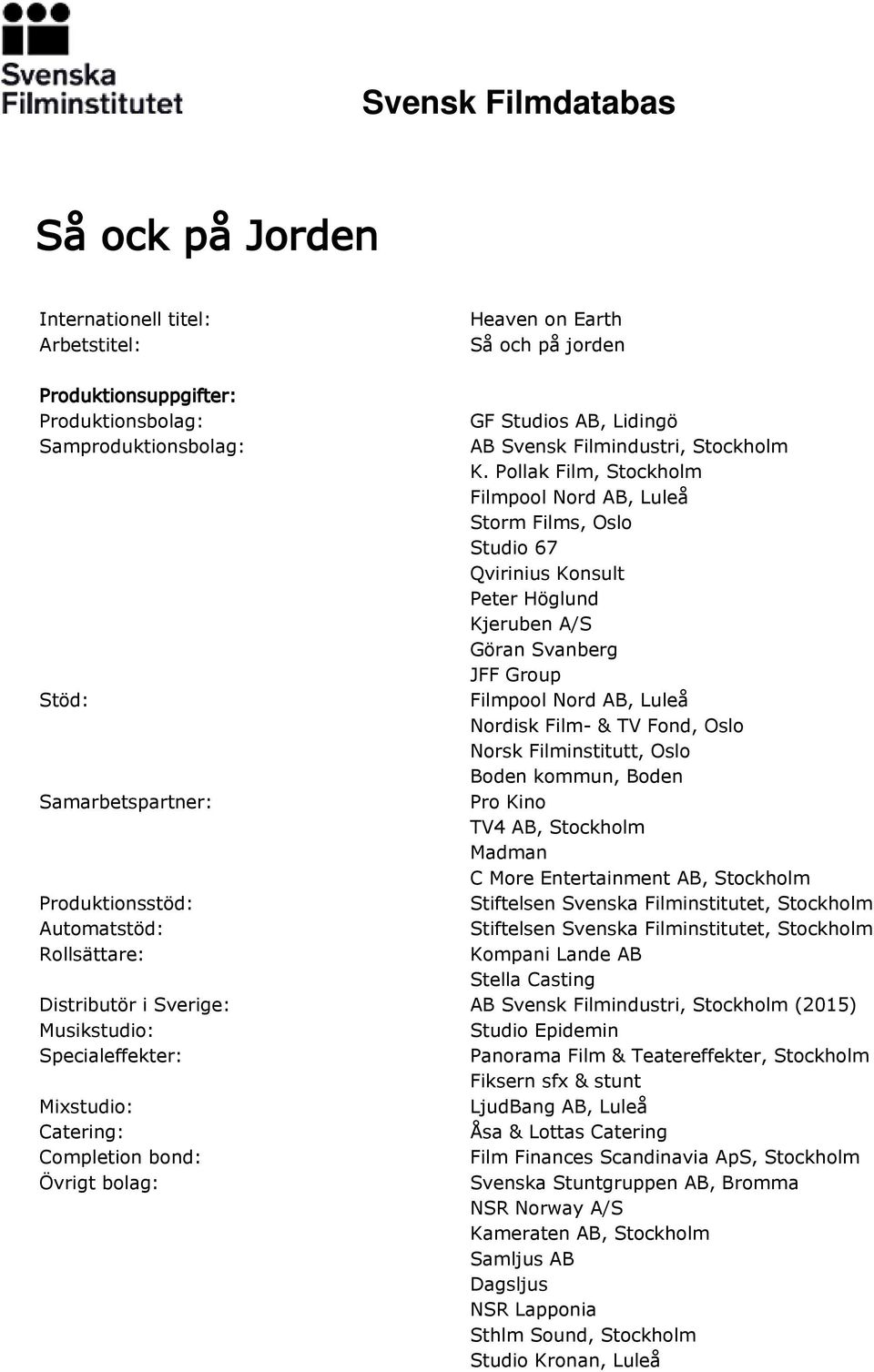 Pollak Film, Stockholm Filmpool Nord AB, Luleå Storm Films, Oslo Studio 67 Qvirinius Konsult Peter Höglund Kjeruben A/S Göran Svanberg JFF Group Stöd: Filmpool Nord AB, Luleå Nordisk Film- & TV Fond,