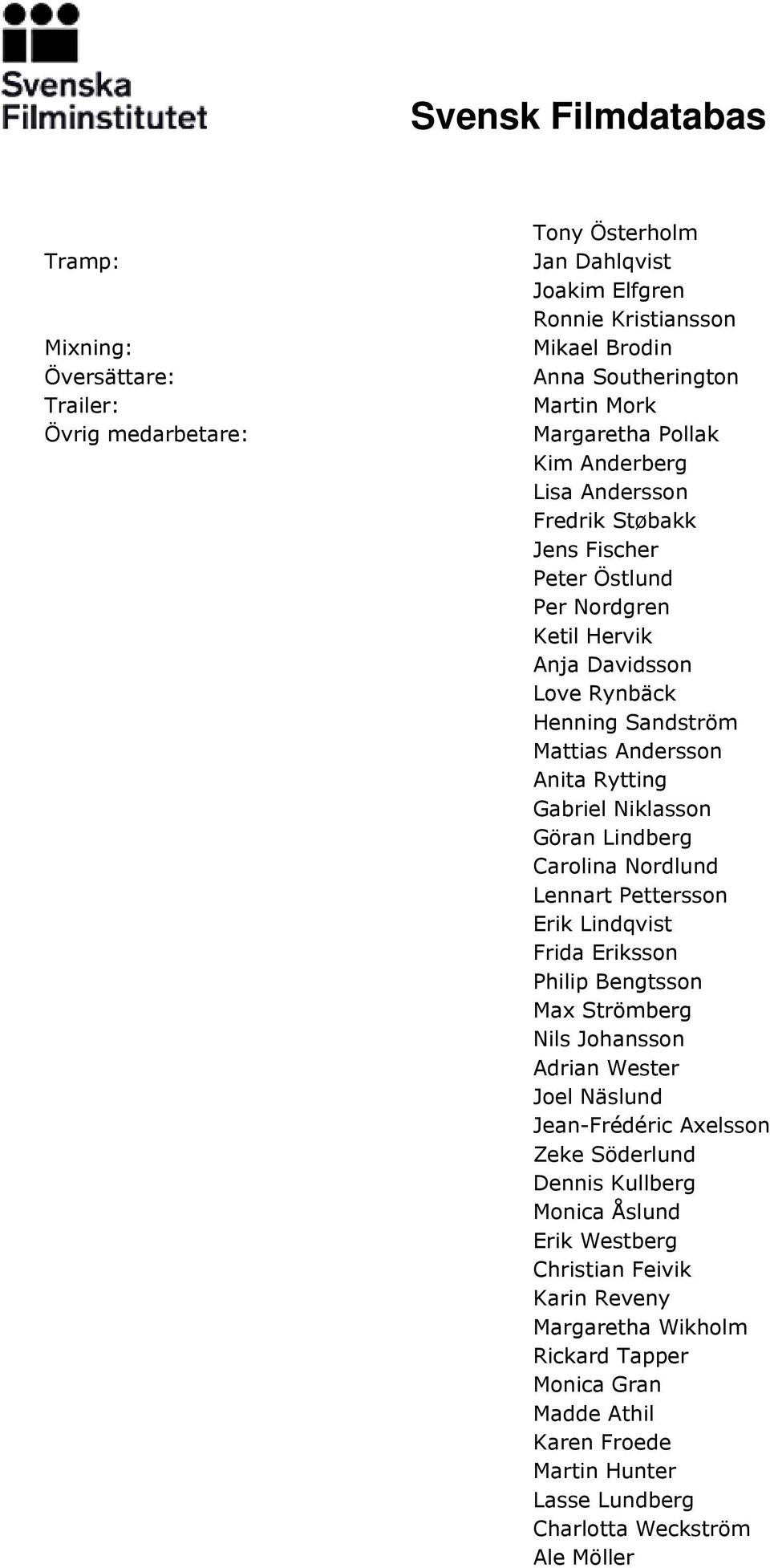 Göran Lindberg Carolina Nordlund Lennart Pettersson Erik Lindqvist Frida Eriksson Philip Bengtsson Max Strömberg Nils Johansson Adrian Wester Joel Näslund Jean-Frédéric Axelsson Zeke Söderlund