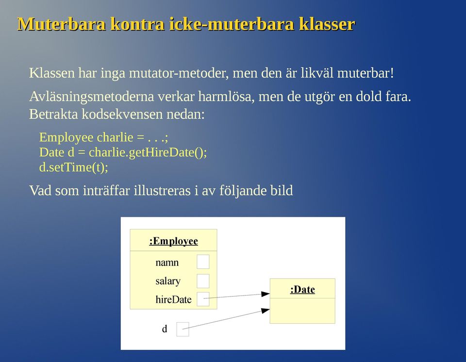 Betrakta kodsekvensen nedan: Employee charlie =...; Date d = charlie.gethiredate(); d.