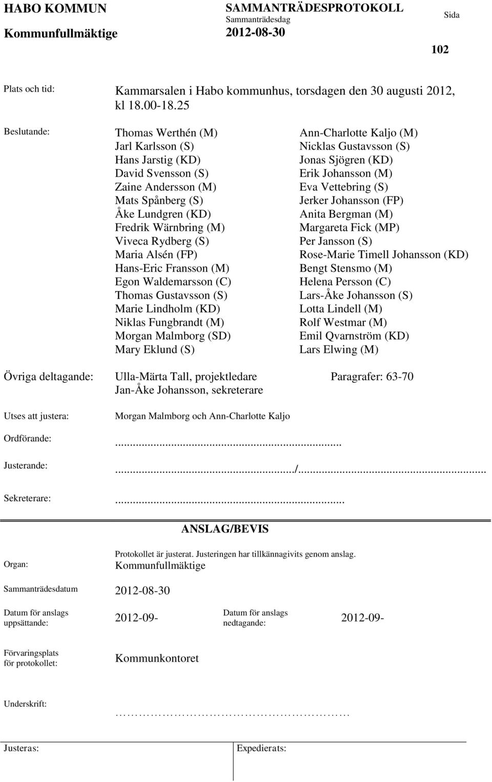 Hans-Eric Fransson (M) Egon Waldemarsson (C) Thomas Gustavsson (S) Marie Lindholm (KD) Niklas Fungbrandt (M) Morgan Malmborg (SD) Mary Eklund (S) Ann-Charlotte Kaljo (M) Nicklas Gustavsson (S) Jonas