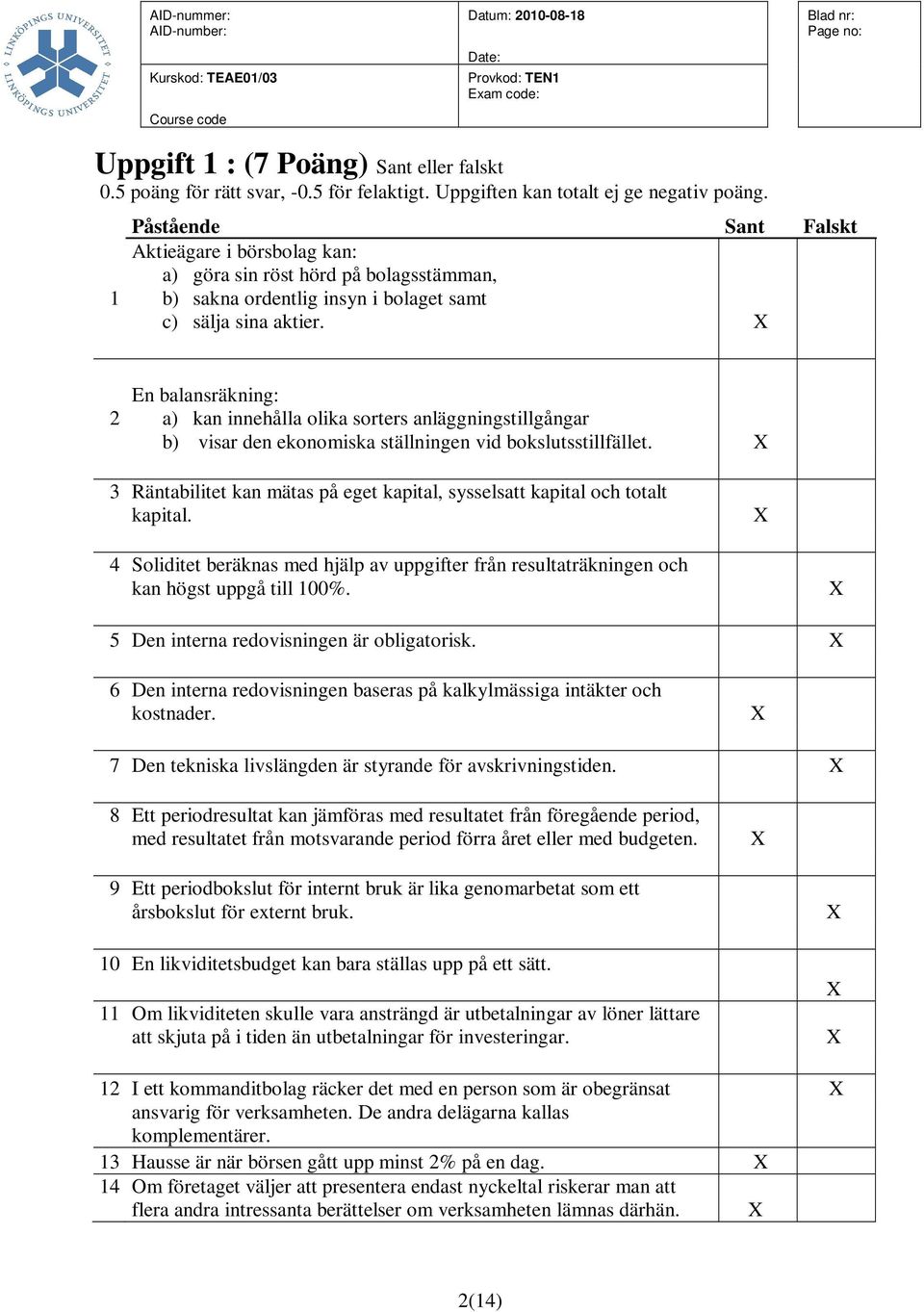 X 2 En balansräkning: a) kan innehålla olika sorters anläggningstillgångar b) visar den ekonomiska ställningen vid bokslutsstillfället.