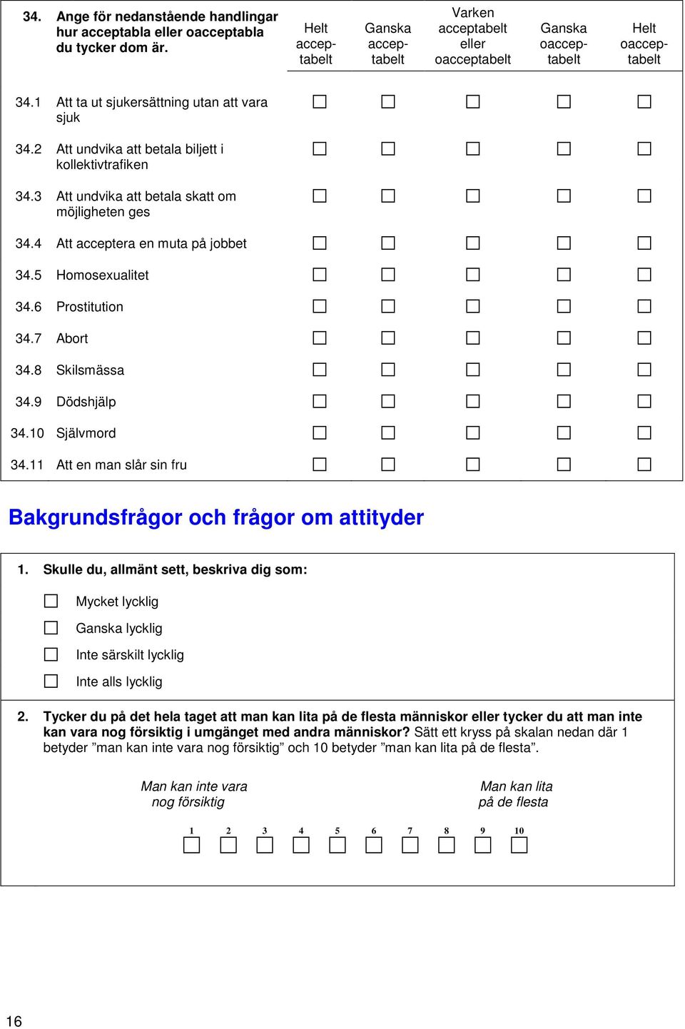 2 Att undvika att betala biljett i kollektivtrafiken 34.3 Att undvika att betala skatt om möjligheten ges 34.4 Att acceptera en muta på jobbet 34.5 Homosexualitet 34.6 Prostitution 34.7 Abort 34.