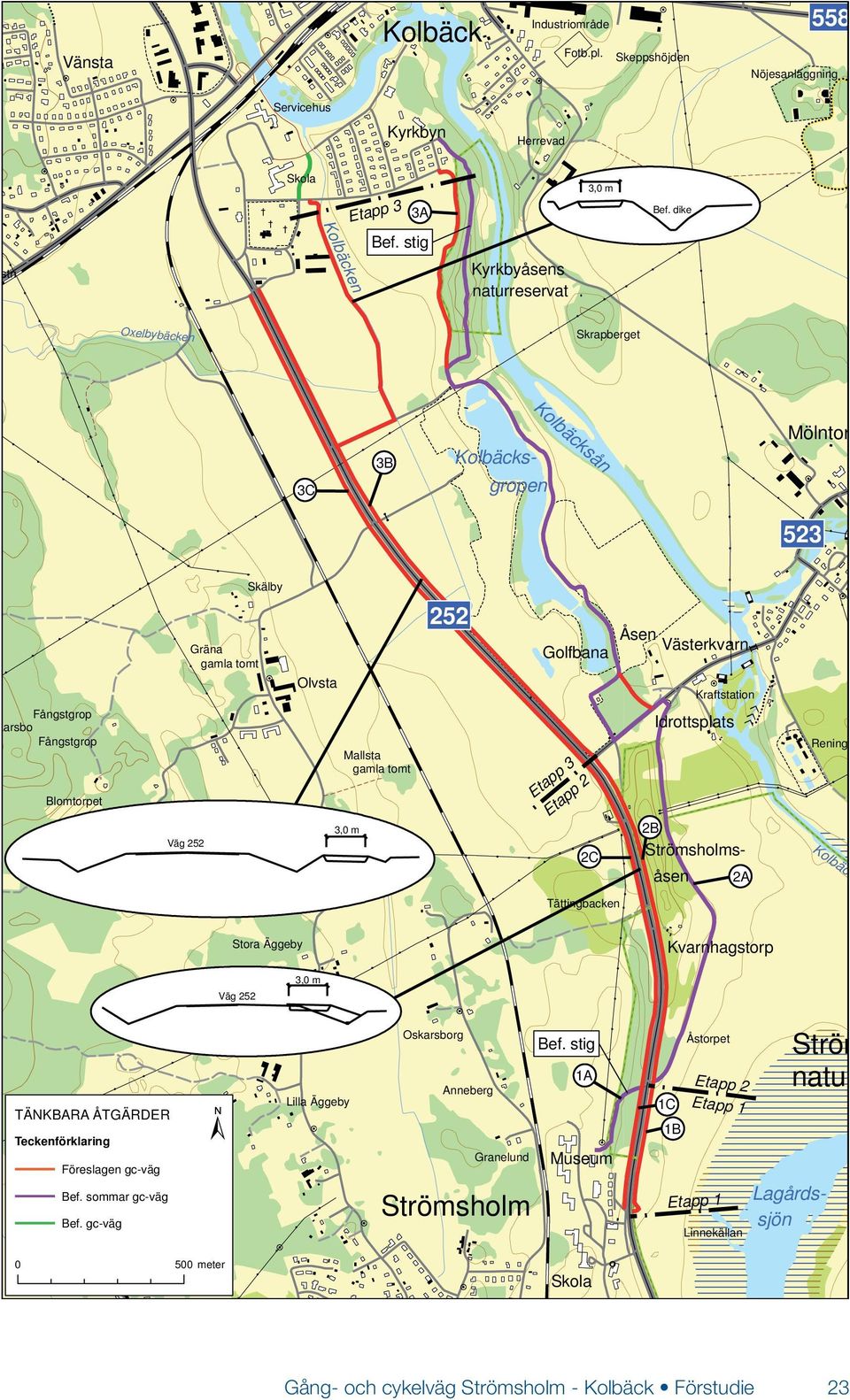 Västerkvarn Kraftstation Idrottsplats 2B Strömsholmsåsen 2A Rening Kolbäck Tättingbacken Stora Äggeby Kvarnhagstorp Väg 252 3,0 m TÄNKBARA ÅTGÄRDER Teckenförklaring Föreslagen gc-väg Bef.