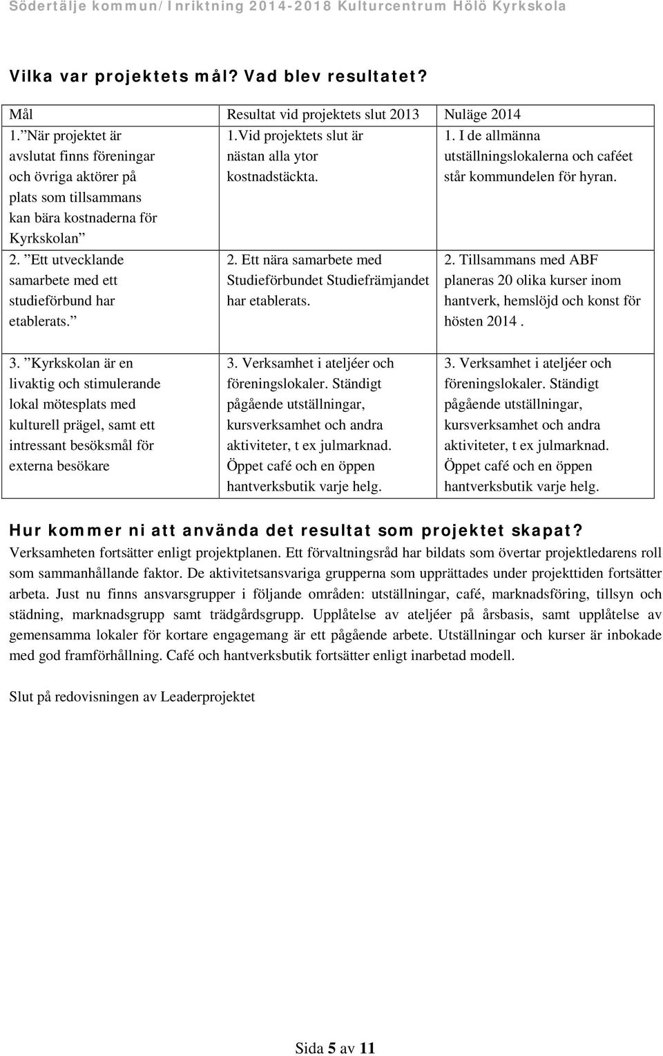 Vid projektets slut är nästan alla ytor kostnadstäckta. 2. Ett nära samarbete med Studieförbundet Studiefrämjandet har etablerats. 1.