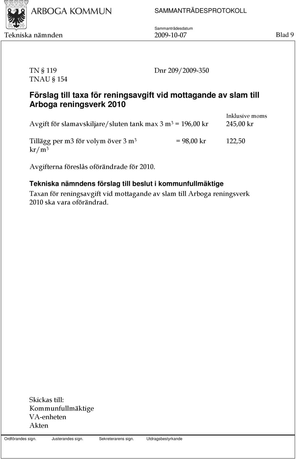 över 3 m 3 = 98,00 kr 122,50 kr/m 3 Avgifterna föreslås oförändrade för 2010.