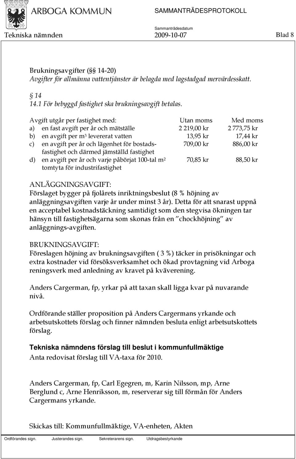 lägenhet för bostadsfastighet 709,00 kr 886,00 kr och därmed jämställd fastighet d) en avgift per år och varje påbörjat 100-tal m 2 tomtyta för industrifastighet 70,85 kr 88,50 kr ANLÄGGNINGSAVGIFT: