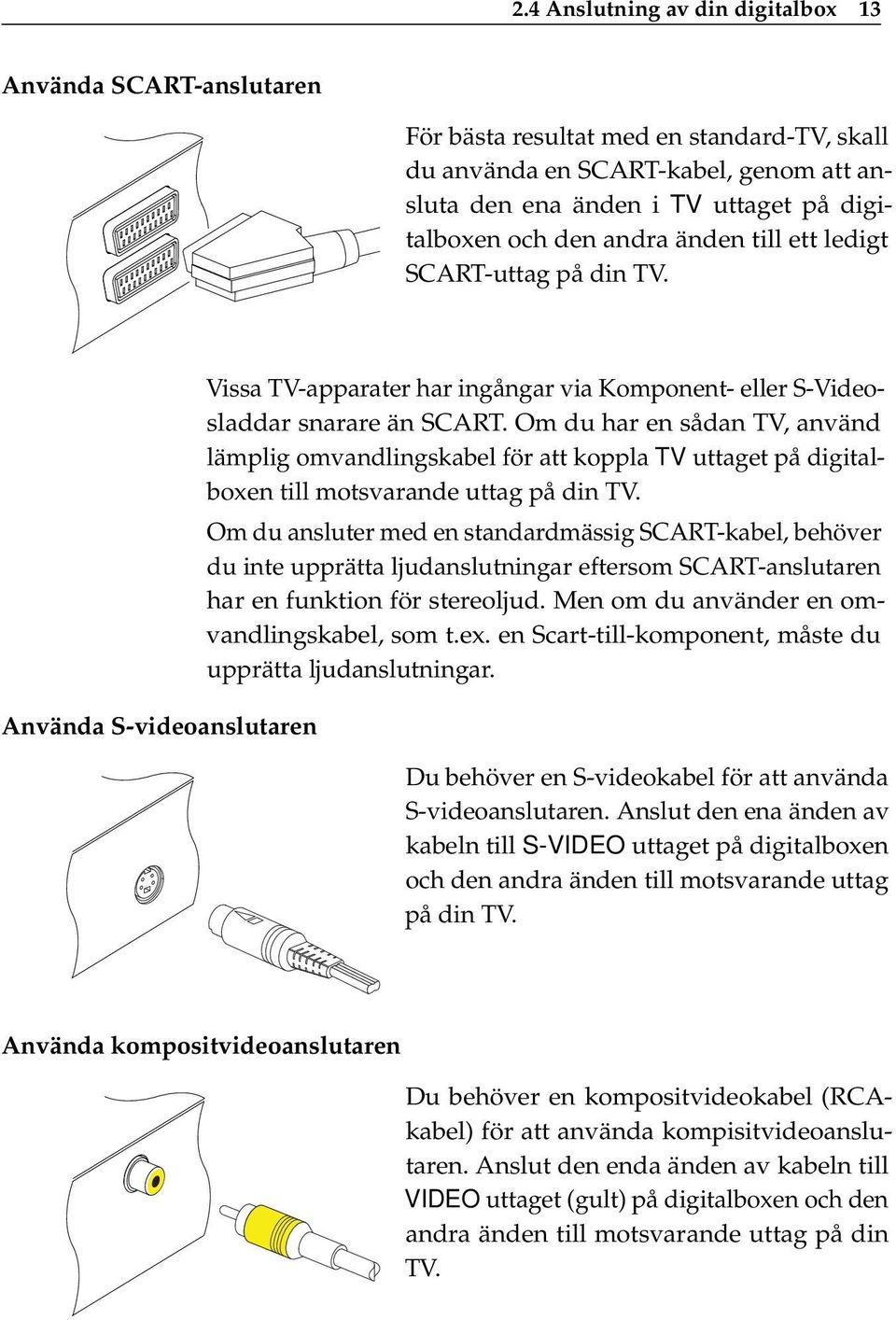 Om du har en sådan TV, använd lämplig omvandlingskabel för att koppla TV uttaget på digitalboxen till motsvarande uttag på din TV.