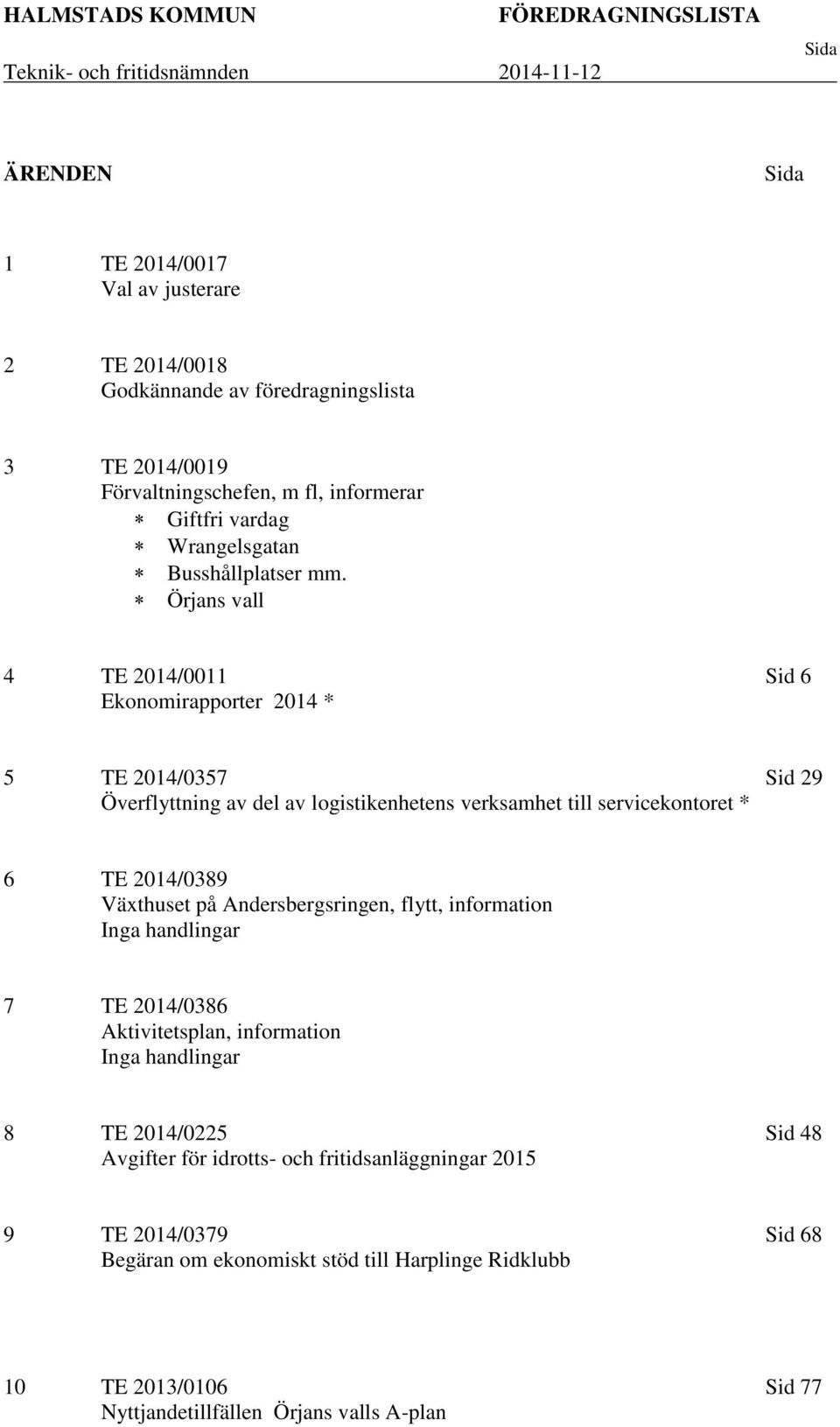 Örjans vall 4 TE 2014/0011 Ekonomirapporter 2014 * Sid 6 5 TE 2014/0357 Överflyttning av del av logistikenhetens verksamhet till servicekontoret * Sid 29 6 TE 2014/0389 Växthuset på