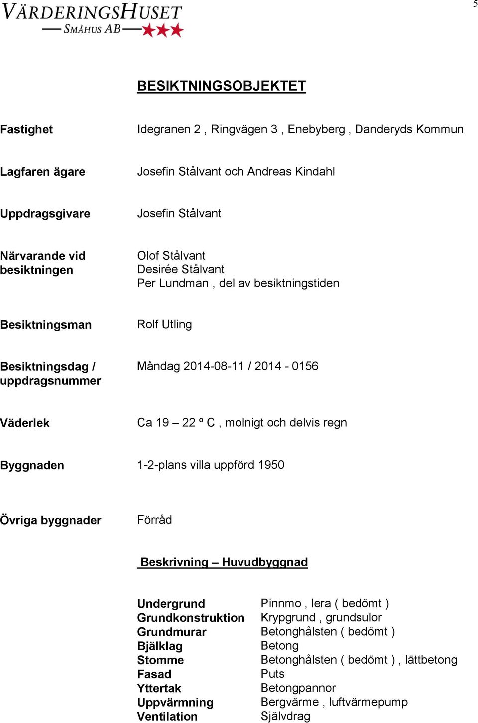 º C, molnigt och delvis regn Byggnaden 1-2-plans villa uppförd 1950 Övriga byggnader Förråd Beskrivning Huvudbyggnad Undergrund Pinnmo, lera ( bedömt ) Grundkonstruktion Krypgrund,