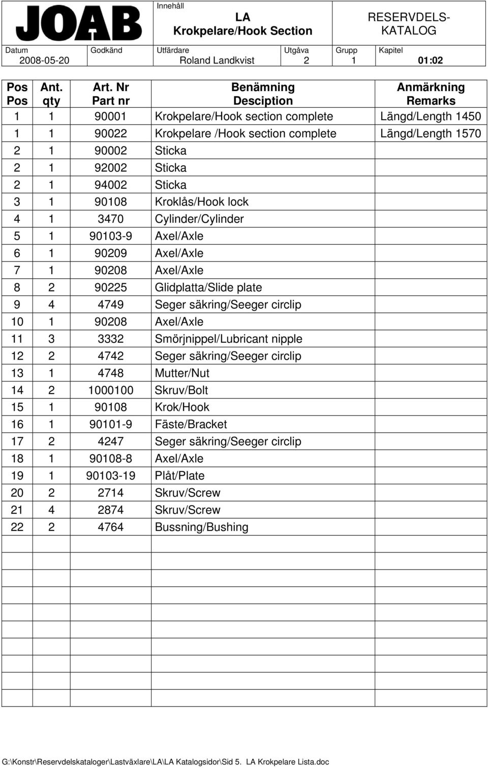 92002 Sticka 2 1 94002 Sticka 3 1 90108 Kroklås/Hook lock 4 1 3470 Cylinder/Cylinder 5 1 90103-9 Axel/Axle 6 1 90209 Axel/Axle 7 1 90208 Axel/Axle 8 2 90225 Glidplatta/Slide plate 9 4 4749 Seger