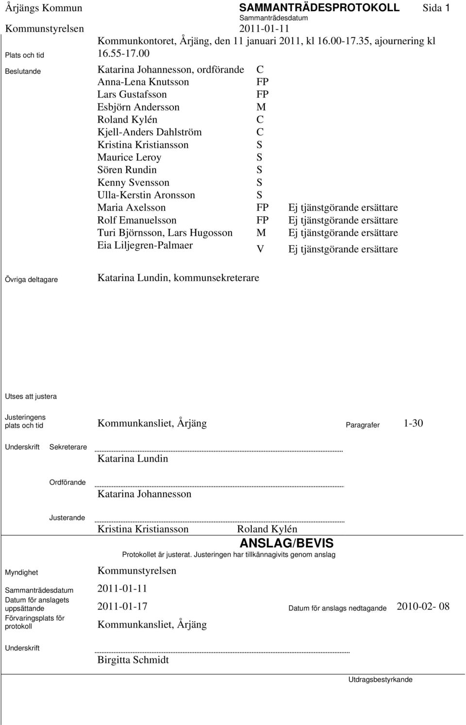 Leroy S Sören Rundin S Kenny Svensson S Ulla-Kerstin Aronsson S Maria Axelsson FP Ej tjänstgörande ersättare Rolf Emanuelsson FP Ej tjänstgörande ersättare Turi Björnsson, Lars Hugosson M Ej