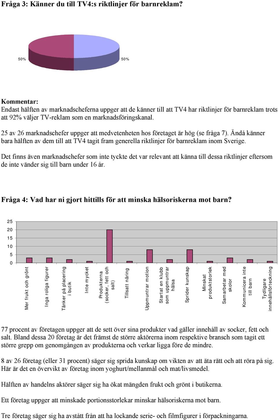 25 av 26 marknadschefer uppger att medvetenheten hos företaget är hög (se fråga 7). Ändå känner bara hälften av dem till att TV4 tagit fram generella riktlinjer för barnreklam inom Sverige.