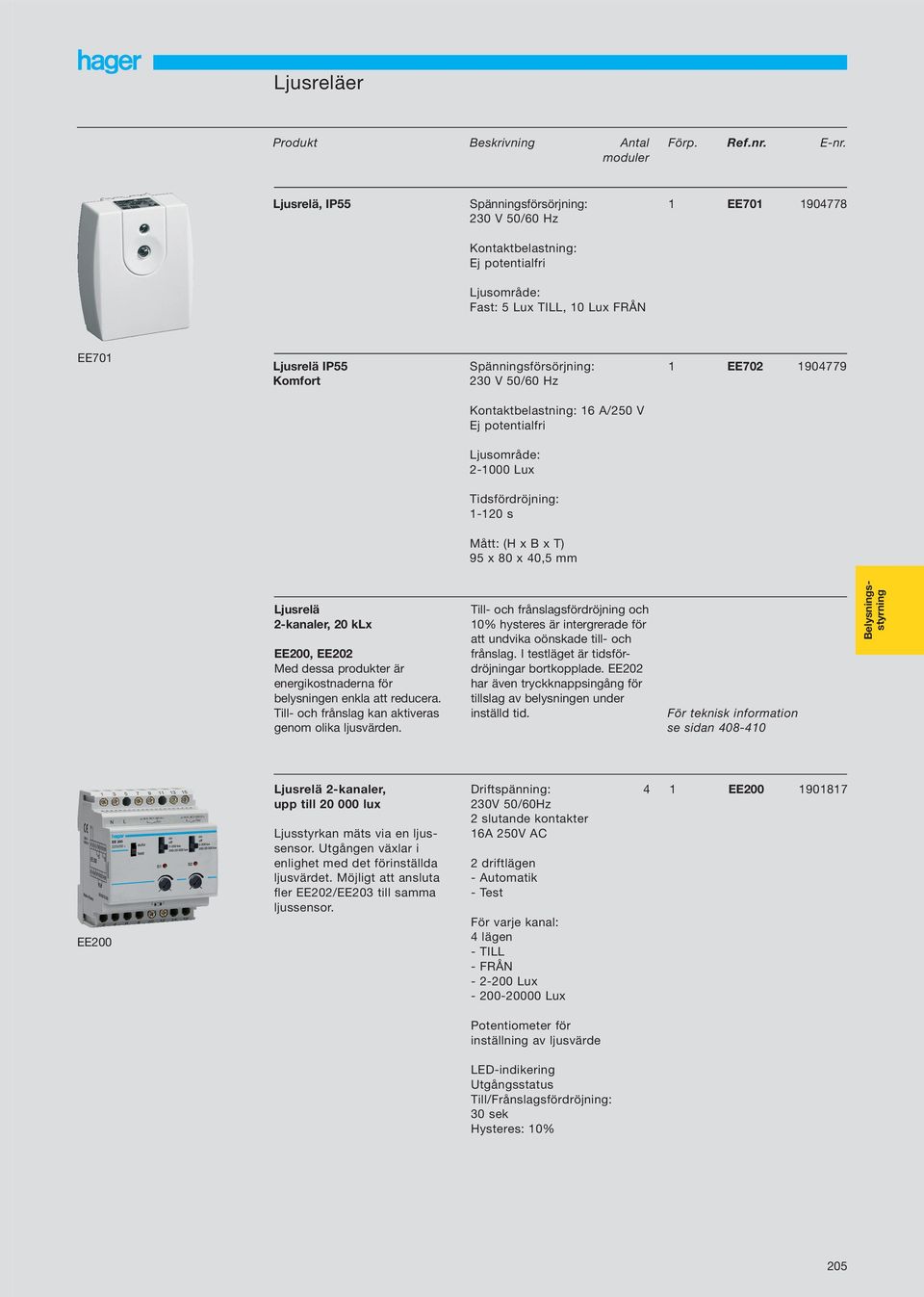 50/60 Hz EE702 904779 Kontaktbelastning: 6 A/250 V Ej potentialfri Ljusområde: 2-000 Lux Tidsfördröjning: -20 s Mått: (H x B x T) 95 x 80 x 40,5 mm Ljusrelä 2-kanaler, 20 klx EE200, EE202 Med dessa