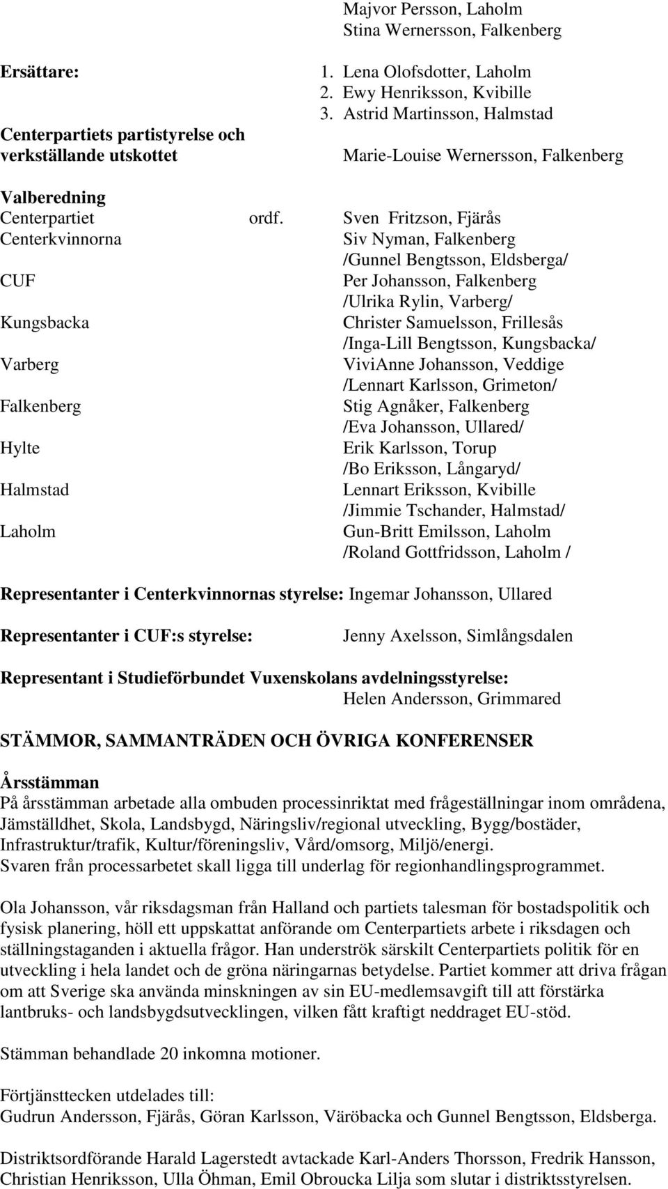 Sven Fritzson, Fjärås Centerkvinnorna Siv Nyman, Falkenberg /Gunnel Bengtsson, Eldsberga/ CUF Per Johansson, Falkenberg /Ulrika Rylin, Varberg/ Kungsbacka Christer Samuelsson, Frillesås /Inga-Lill