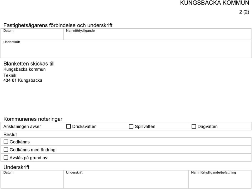 Kungsbacka Kommunenes noteringar Anslutningen avser Dricksvatten Spillvatten Dagvatten