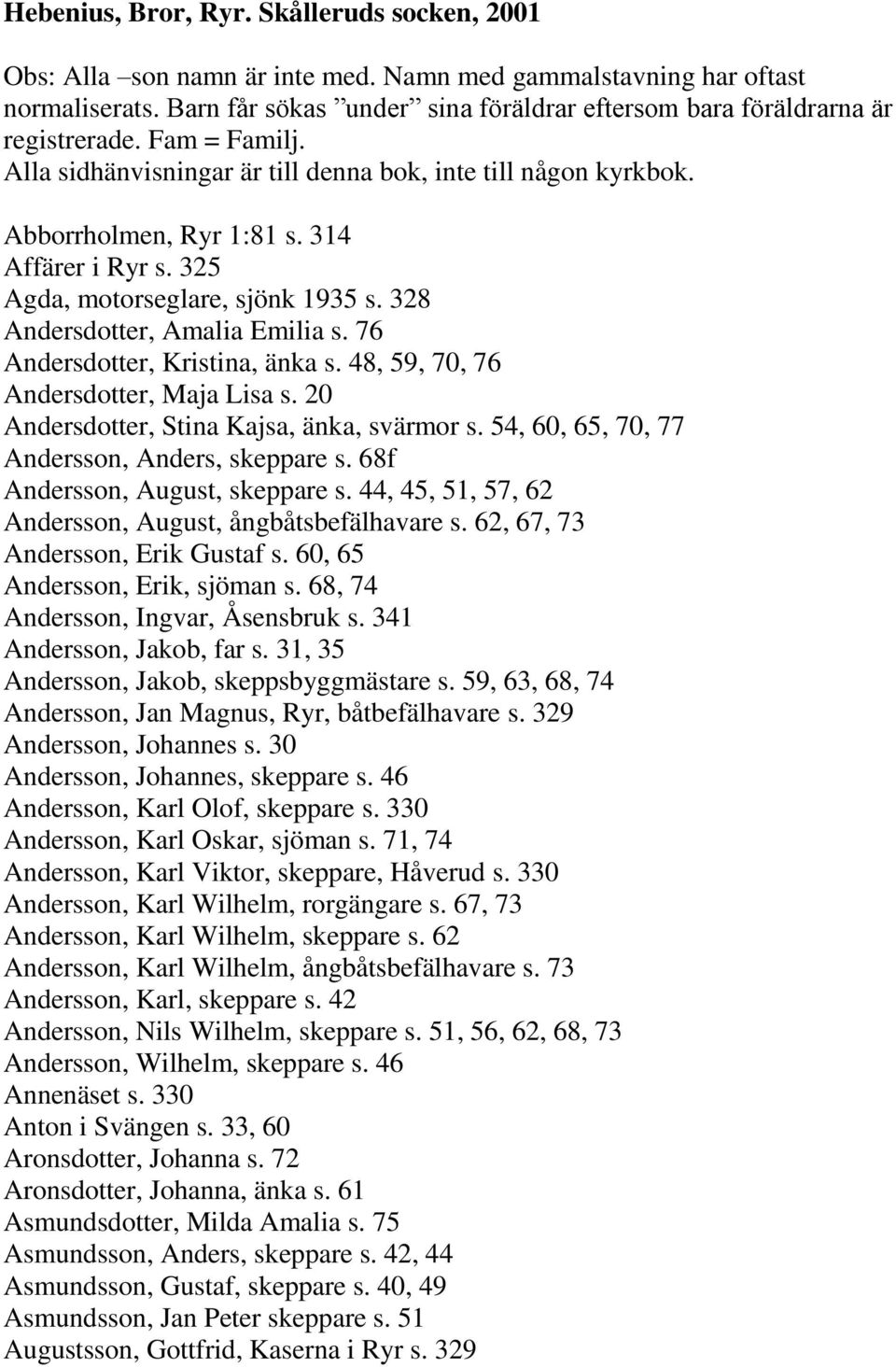 314 Affärer i Ryr s. 325 Agda, motorseglare, sjönk 1935 s. 328 Andersdotter, Amalia Emilia s. 76 Andersdotter, Kristina, änka s. 48, 59, 70, 76 Andersdotter, Maja Lisa s.