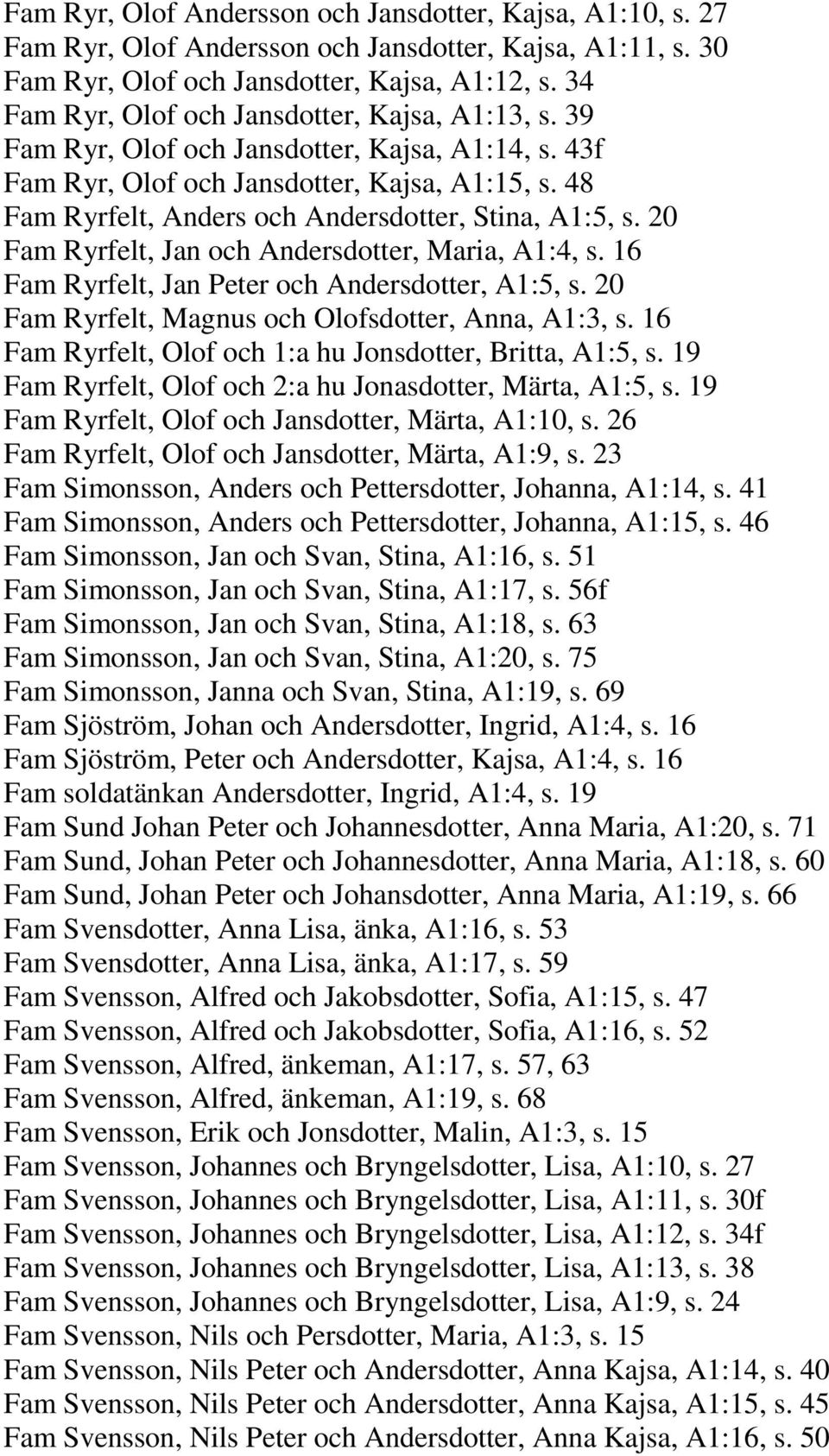 48 Fam Ryrfelt, Anders och Andersdotter, Stina, A1:5, s. 20 Fam Ryrfelt, Jan och Andersdotter, Maria, A1:4, s. 16 Fam Ryrfelt, Jan Peter och Andersdotter, A1:5, s.