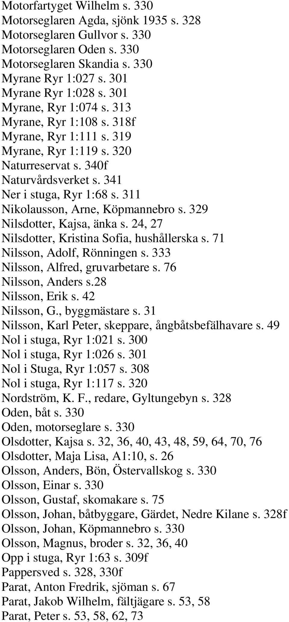 311 Nikolausson, Arne, Köpmannebro s. 329 Nilsdotter, Kajsa, änka s. 24, 27 Nilsdotter, Kristina Sofia, hushållerska s. 71 Nilsson, Adolf, Rönningen s. 333 Nilsson, Alfred, gruvarbetare s.