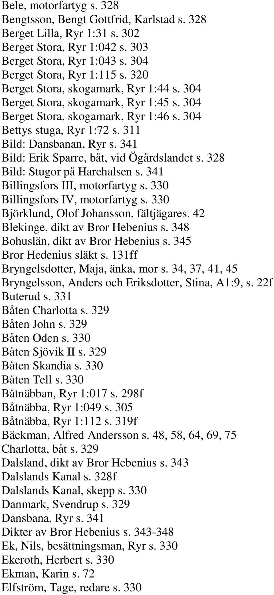 341 Bild: Erik Sparre, båt, vid Ögårdslandet s. 328 Bild: Stugor på Harehalsen s. 341 Billingsfors III, motorfartyg s. 330 Billingsfors IV, motorfartyg s. 330 Björklund, Olof Johansson, fältjägares.