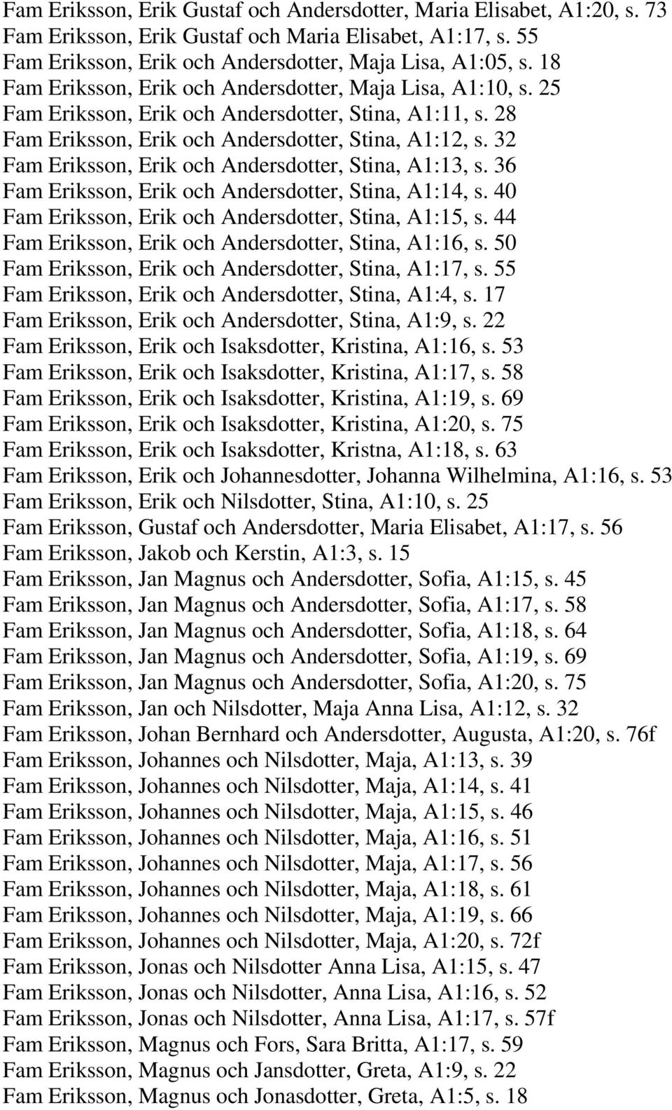 32 Fam Eriksson, Erik och Andersdotter, Stina, A1:13, s. 36 Fam Eriksson, Erik och Andersdotter, Stina, A1:14, s. 40 Fam Eriksson, Erik och Andersdotter, Stina, A1:15, s.