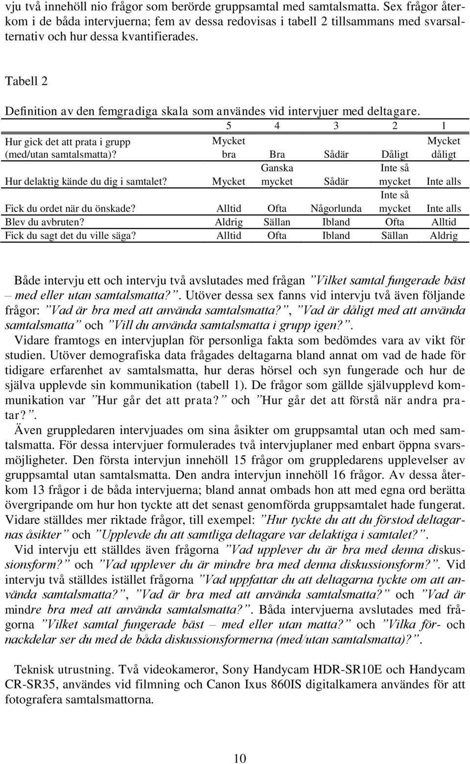 Tabell 2 Definition av den femgradiga skala som användes vid intervjuer med deltagare. 5 4 3 2 1 Hur gick det att prata i grupp Mycket Mycket (med/utan samtalsmatta)?