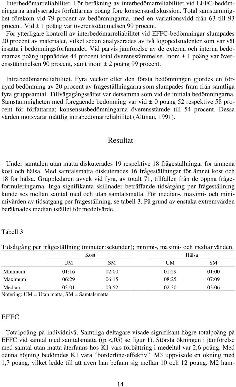 För ytterligare kontroll av interbedömarreliabilitet vid EFFC-bedömningar slumpades 20 procent av materialet, vilket sedan analyserades av två logopedstudenter som var väl insatta i