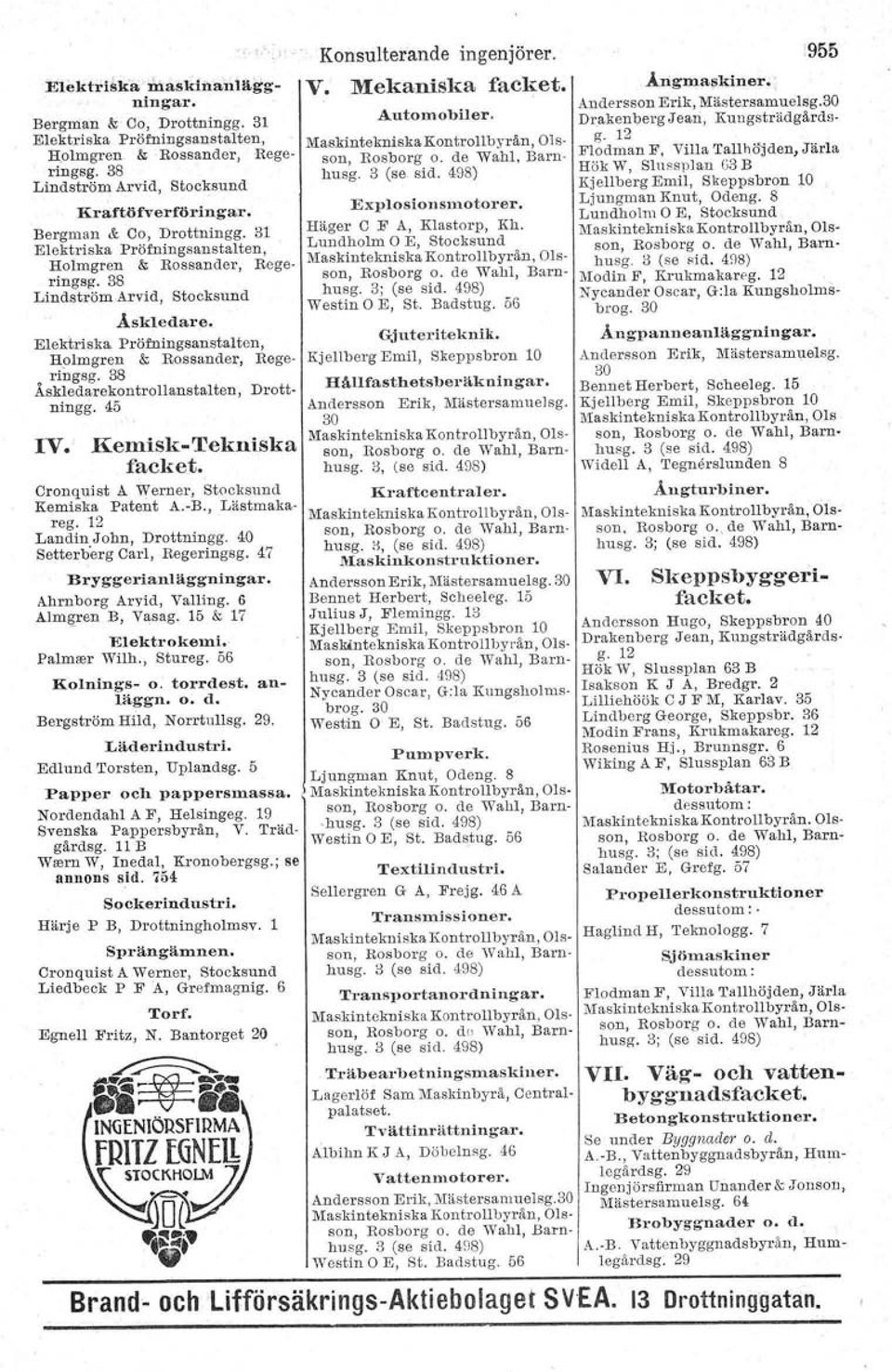 olmgren & Ros sander, Regeo ringsg. 38 Askledarekontrollanstaiten, Drottningg. 45 IV. Kemisk-Tekniska facket. Cranquist A. Werner, Stockauud Kemiska Patent A.-B.