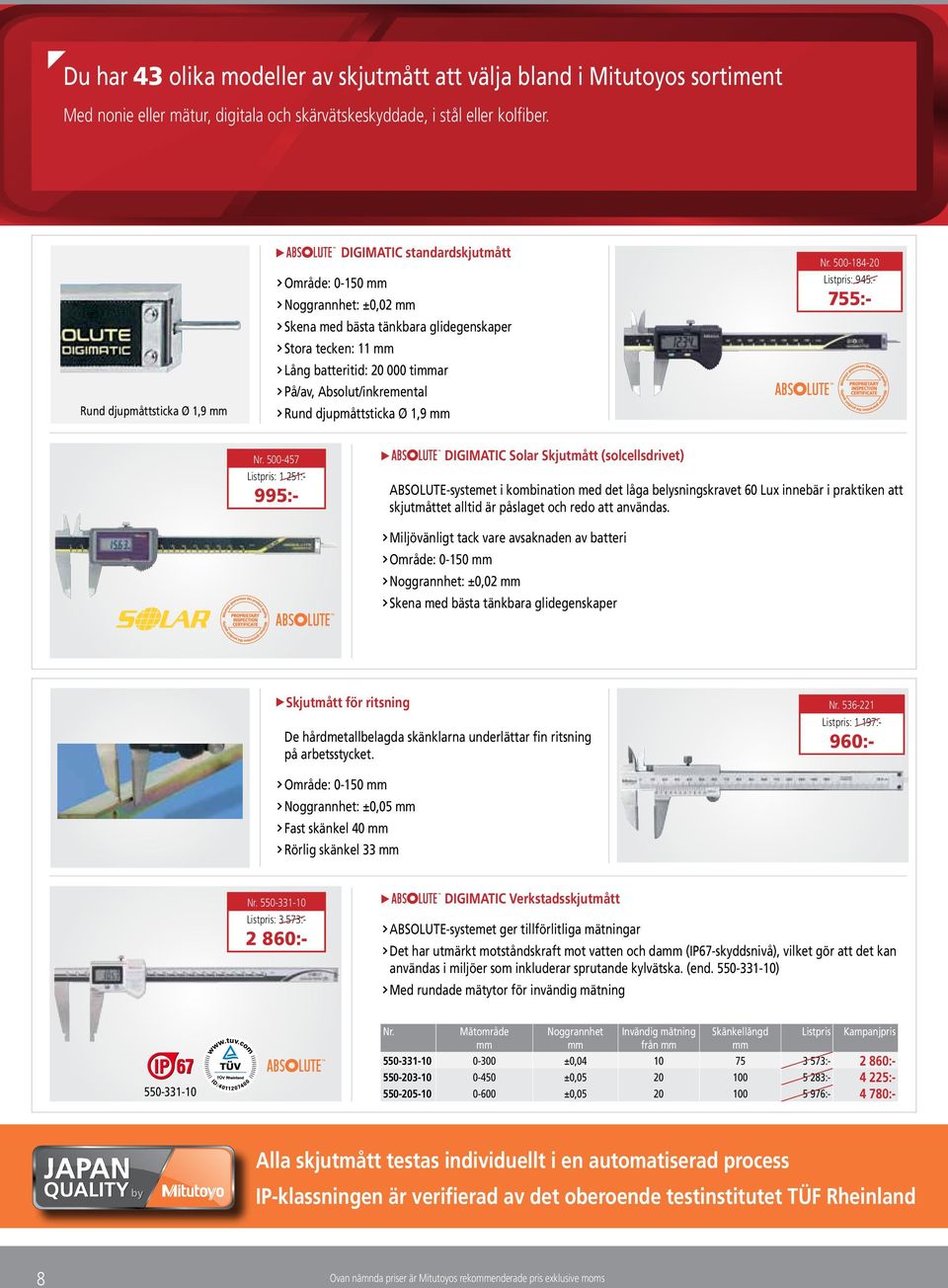 Rund djupmåttsticka Ø 1,9 500-184-20 Listpris: 945:- 755:- 500-457 Listpris: 1 251:- 995:- DIGIMATIC Solar Skjutmått (solcellsdrivet) ABSOLUTE-systemet i kombination med det låga belysningskravet 60