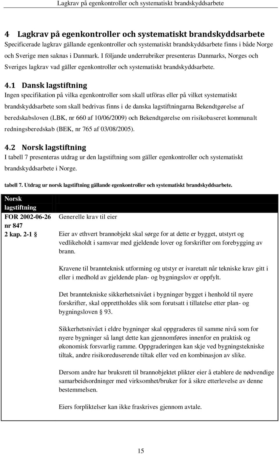 I följande underrubriker presenteras Danmarks, Norges och Sveriges lagkrav vad gäller egenkontroller och systematiskt brandskyddsarbete. 4.