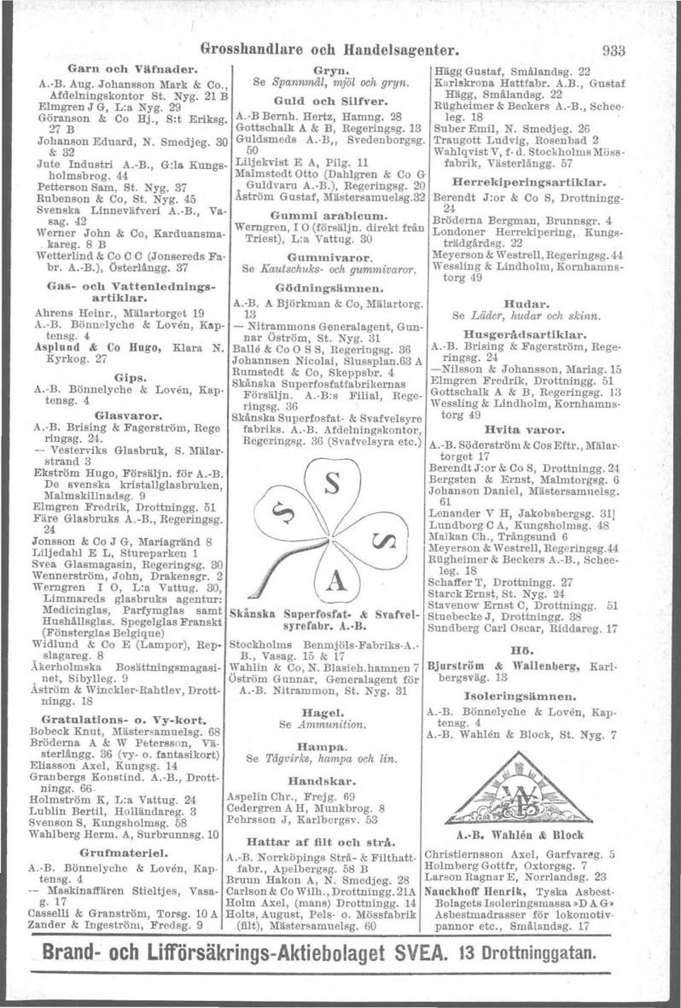 37 Gas- och Vattenledningsartiklar. Ahrens Heinr., Mälartorget 19 A.-B. Bönnelyche & Loven, Kaptensg. Asplund &; Co Hugo, Klara N. Kyrkog. 27 Gips. Bkånska Superfosfatfabrikernas A. B. Bönnelyche & Loven, Kaptensg. Försäljn.