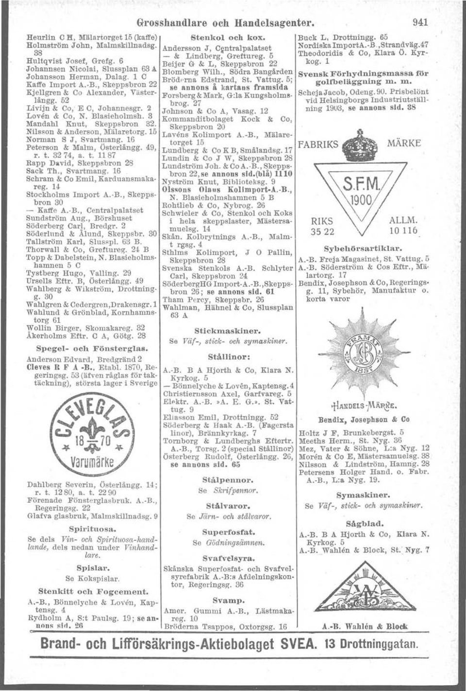 , Skeppsbron 22 Kjellgren & Co Alexander, Västerlångg. 52 Livijn & Co; E C, Johannesgr. 2 Loven & Co, N. Blasieholmsh. 3 Mandahl Knut, Skeppsbron 32. Nilsson & Anderson, Mälaretarg.