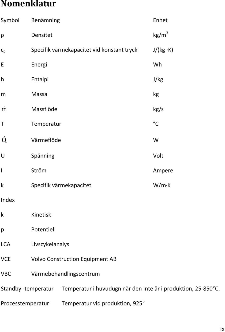 värmekapacitet W/m K Index k p LCA VCE VBC Kinetisk Potentiell Livscykelanalys Volvo Construction Equipment AB