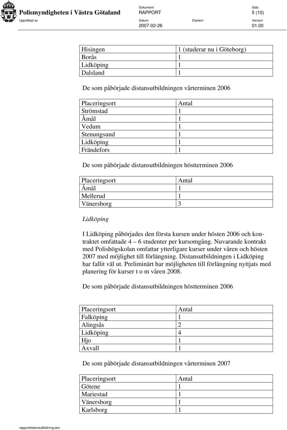 hösten 2006 och kontraktet omfattade 4 6 studenter per kursomgång. Nuvarande kontrakt med Polishögskolan omfattar ytterligare kurser under våren och hösten 2007 med möjlighet till förlängning.