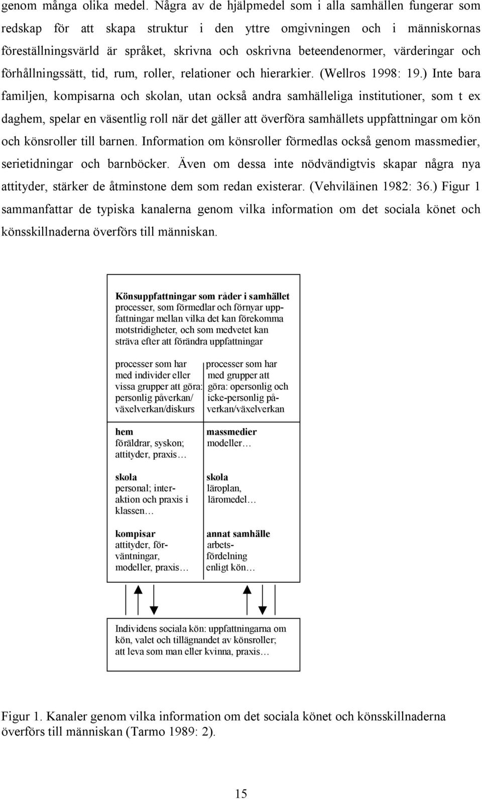 värderingar och förhållningssätt, tid, rum, roller, relationer och hierarkier. (Wellros 1998: 19.