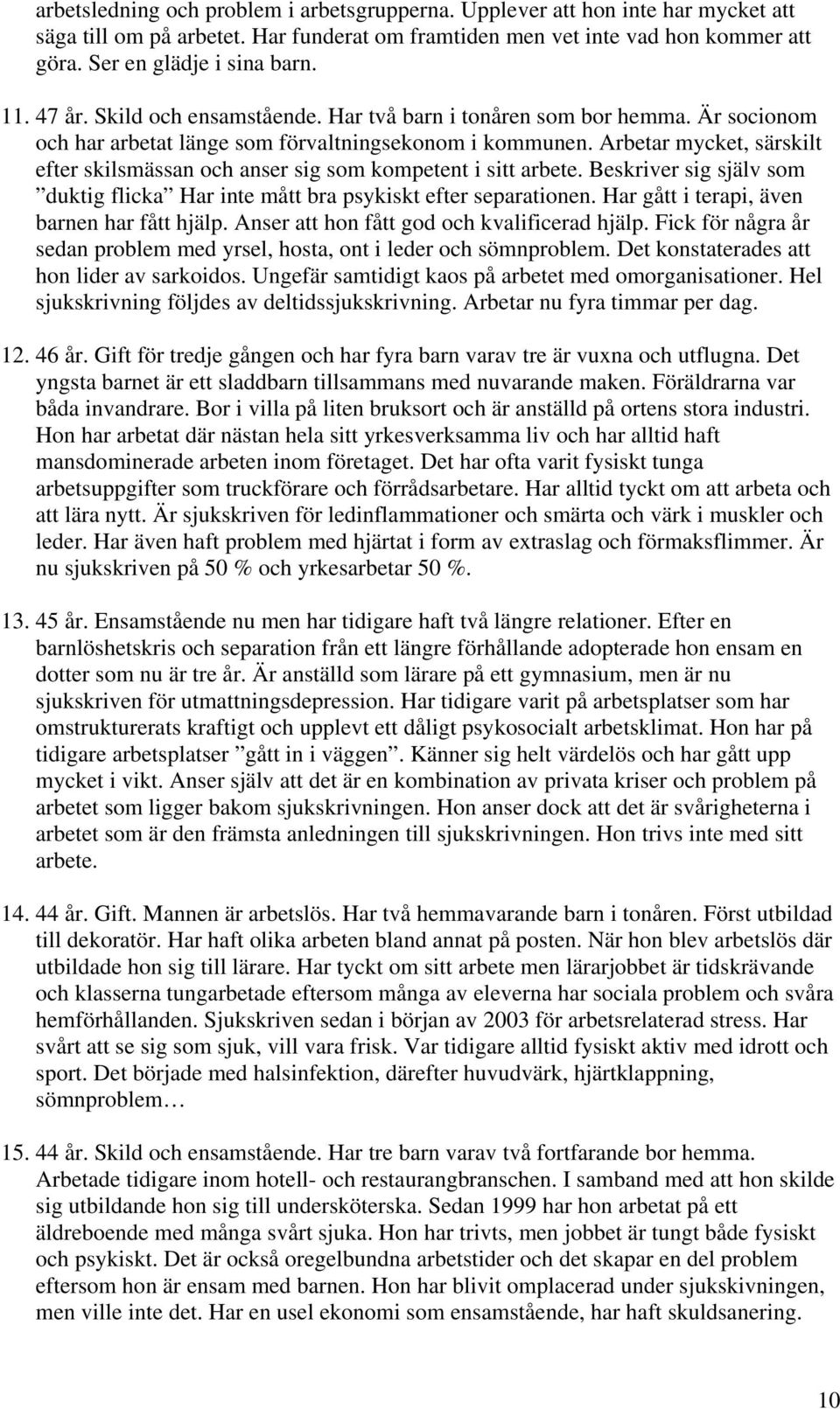 Arbetar mycket, särskilt efter skilsmässan och anser sig som kompetent i sitt arbete. Beskriver sig själv som duktig flicka Har inte mått bra psykiskt efter separationen.