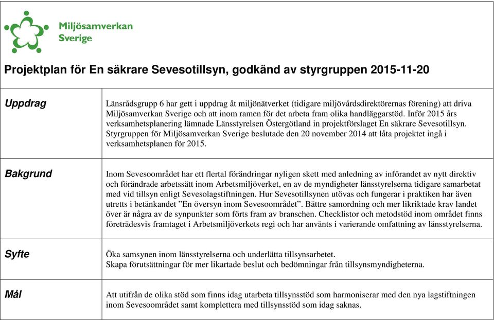 Styrgruppen för Miljösamverkan Sverige beslutade den 20 november 2014 att låta projektet ingå i verksamhetsplanen för 2015.