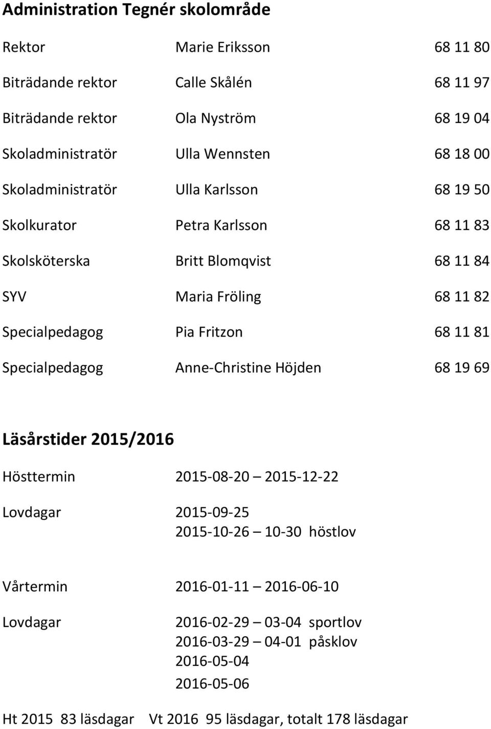 Specialpedagog Pia Fritzon 68 11 81 Specialpedagog Anne-Christine Höjden 68 19 69 Läsårstider 2015/2016 Hösttermin 2015-08-20 2015-12-22 Lovdagar 2015-09-25 2015-10-26