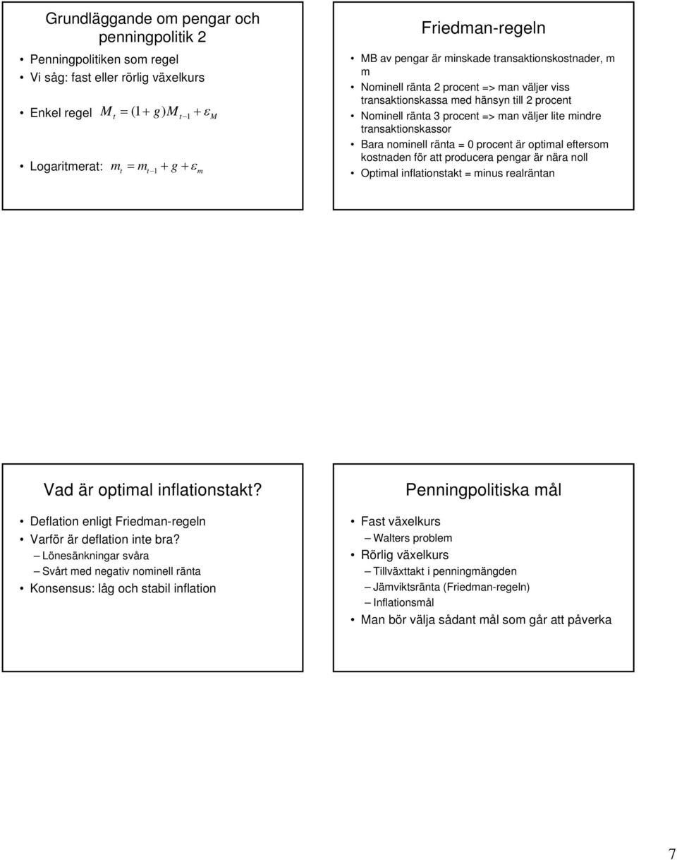 transaktionskassor Bara nominell ränta = 0 procent är optimal eftersom kostnaden för att producera pengar är nära noll Optimal inflationstakt = minus realräntan Vad är optimal inflationstakt?