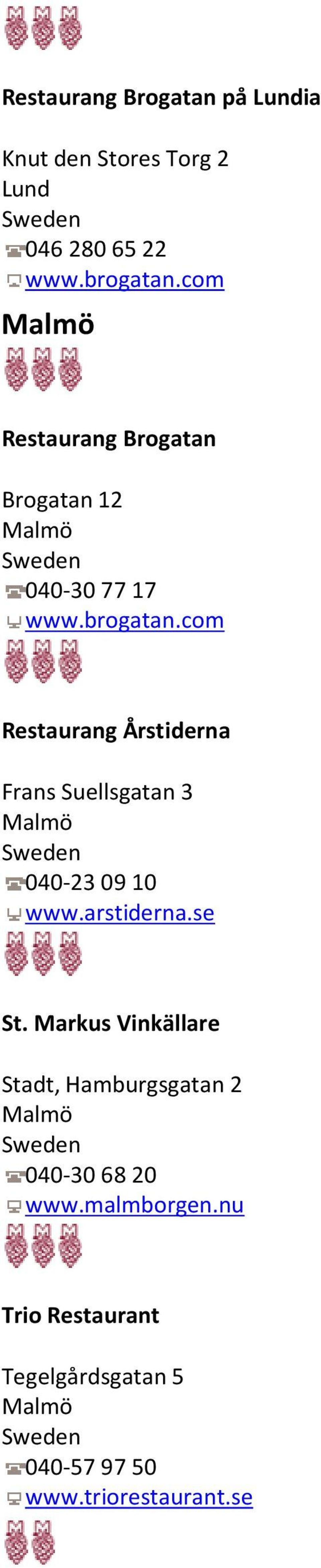 com Restaurang Årstiderna Frans Suellsgatan 3 Malmö 040-23 09 10 www.arstiderna.se St.