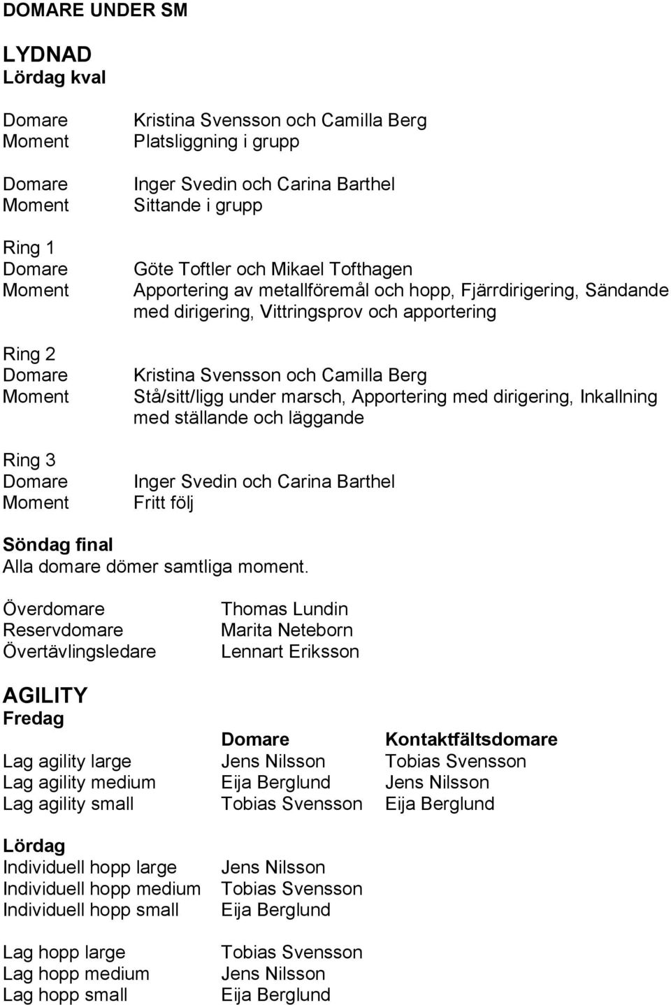 dirigering, Inkallning med ställande och läggande Inger Svedin och Carina Barthel Fritt följ Söndag final Alla domare dömer samtliga moment.