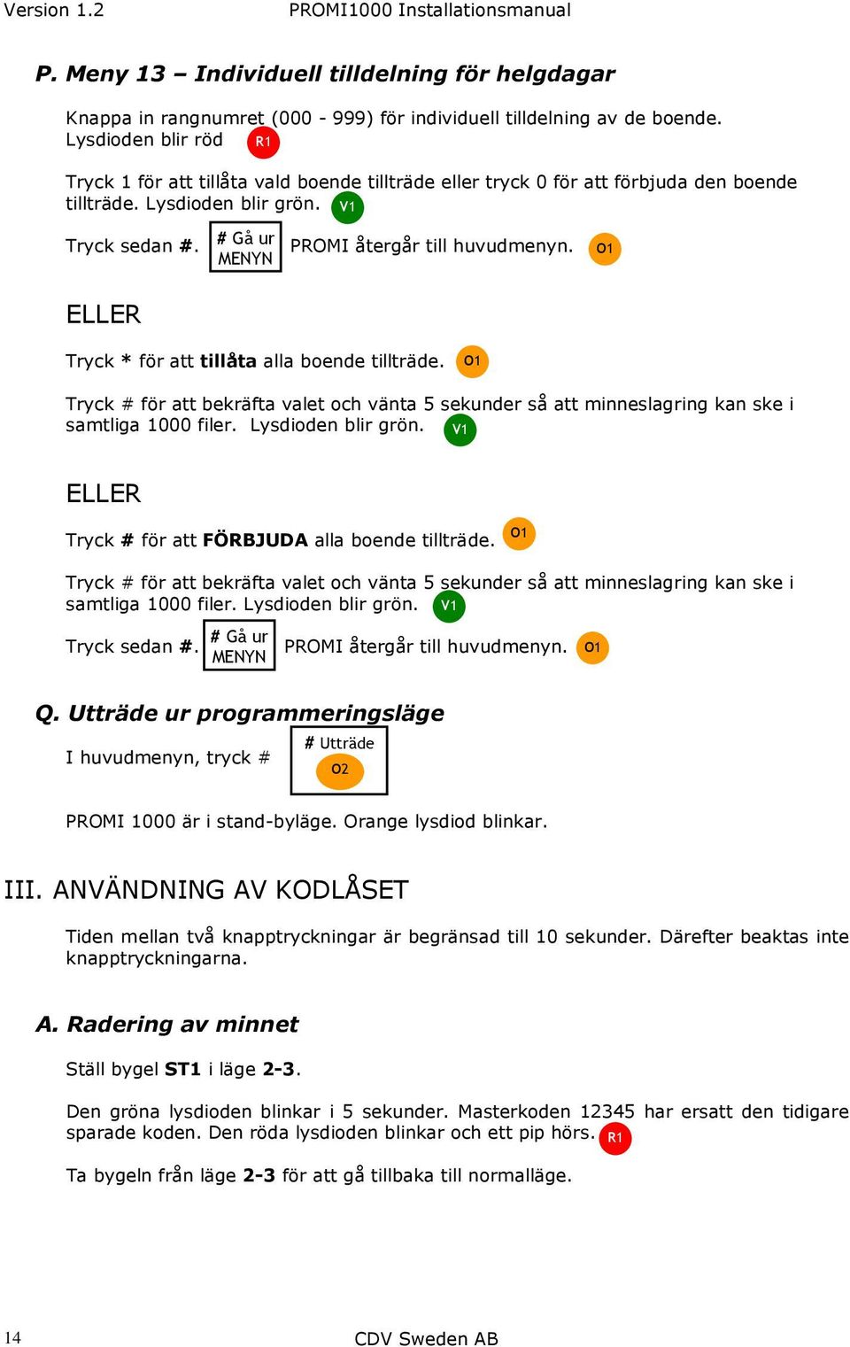 Tryck # för att bekräfta valet och vänta 5 sekunder så att minneslagring kan ske i samtliga 1000 filer. Lysdioden blir grön. Tryck # för att FÖRBJUDA alla boende tillträde.